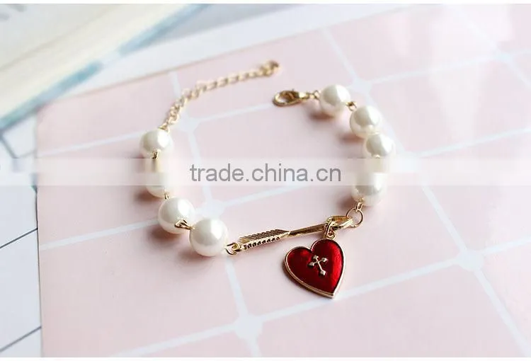 Cupid arrow love bracelet gold arrow red enamel cross heart charms pearl bead link bracelet