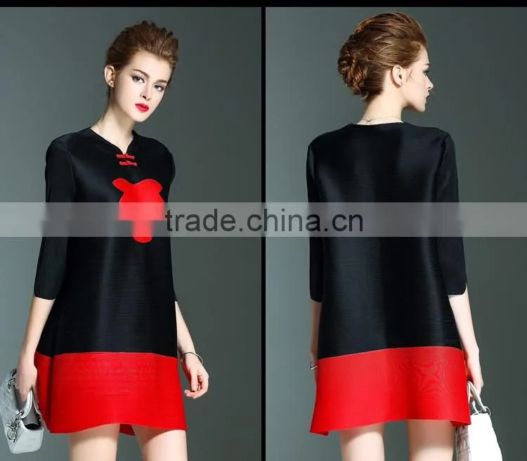 Retro pleat Chinoiserie printed ladies large size dress with two buttons