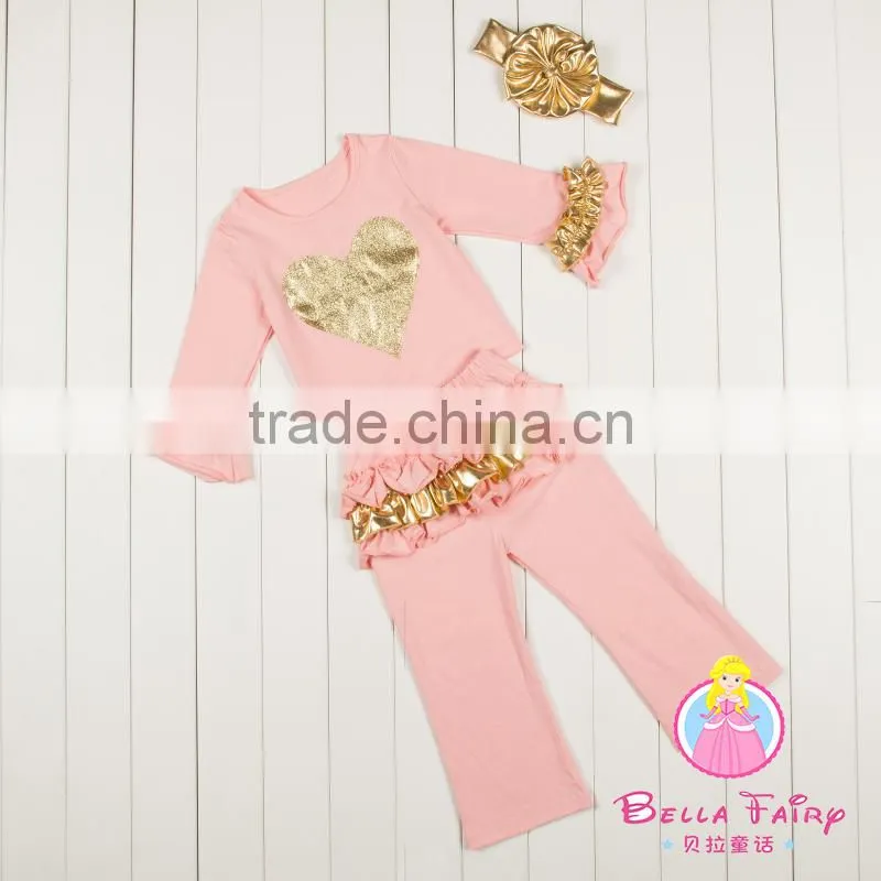 china product and low price wholesale golden autumn outfits with headband for 6monthes -8years baby kids warmer