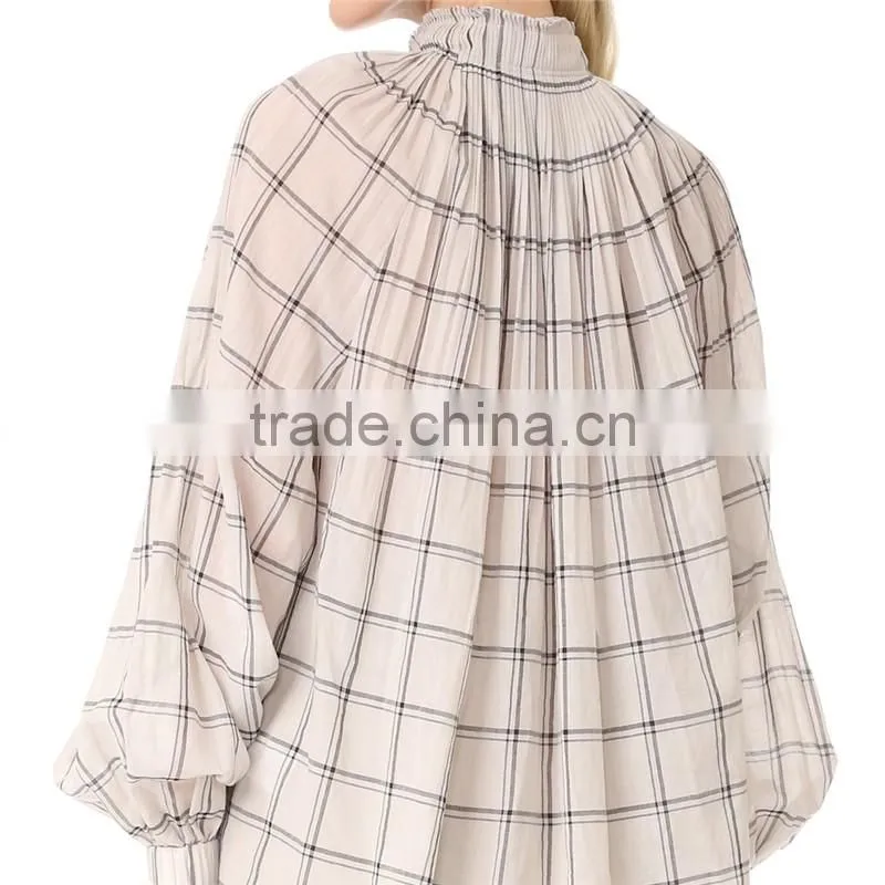 2017 OEM Spring Femme Airy Sand Windowpane Checks Tunic Blouse
