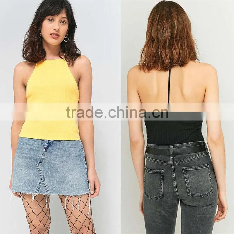 2017 women's best black ribbed sleeveless halter T-back high neck cami tops