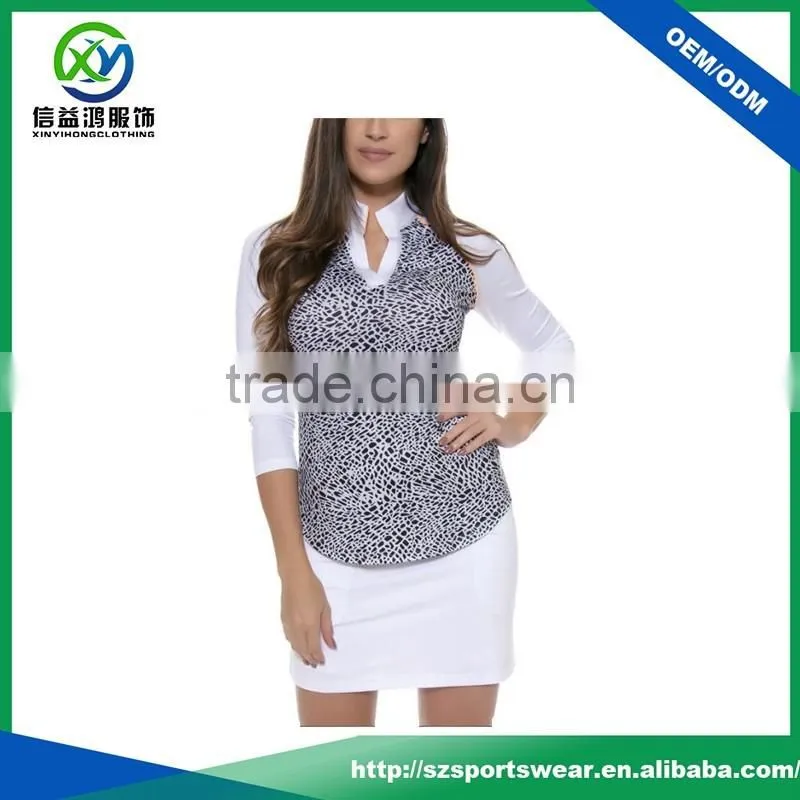 New Style Three Quarter Sleeve Leopard Printing Perfect Fit V-neck Polo T Shirts For Women