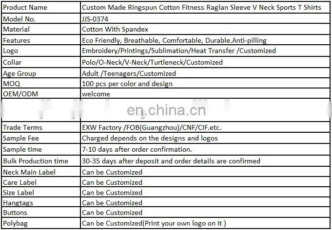 Custom Made Ringspun Cotton Fitness Raglan Sleeve V Neck Sports T Shirts