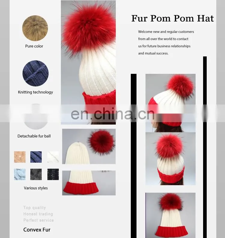 Stock hat fashion winter real big raccoon fur ball knitted beanie hat