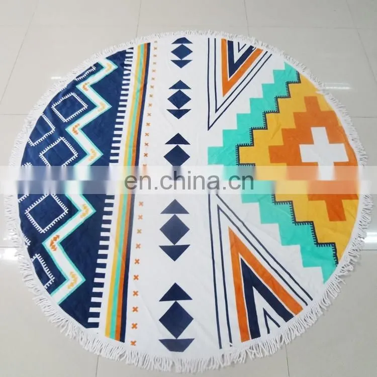 Printed velour %100 cotton round beach towel with polyester fringes