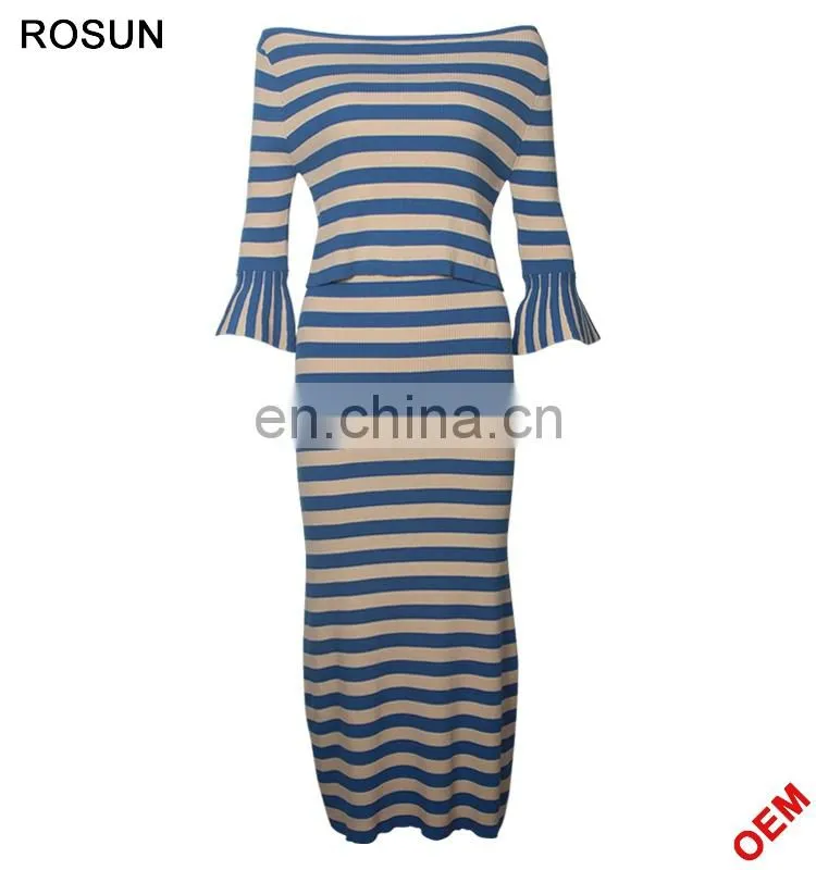 Women's Flare Sleeves Strips Long Knit Skirt Suits