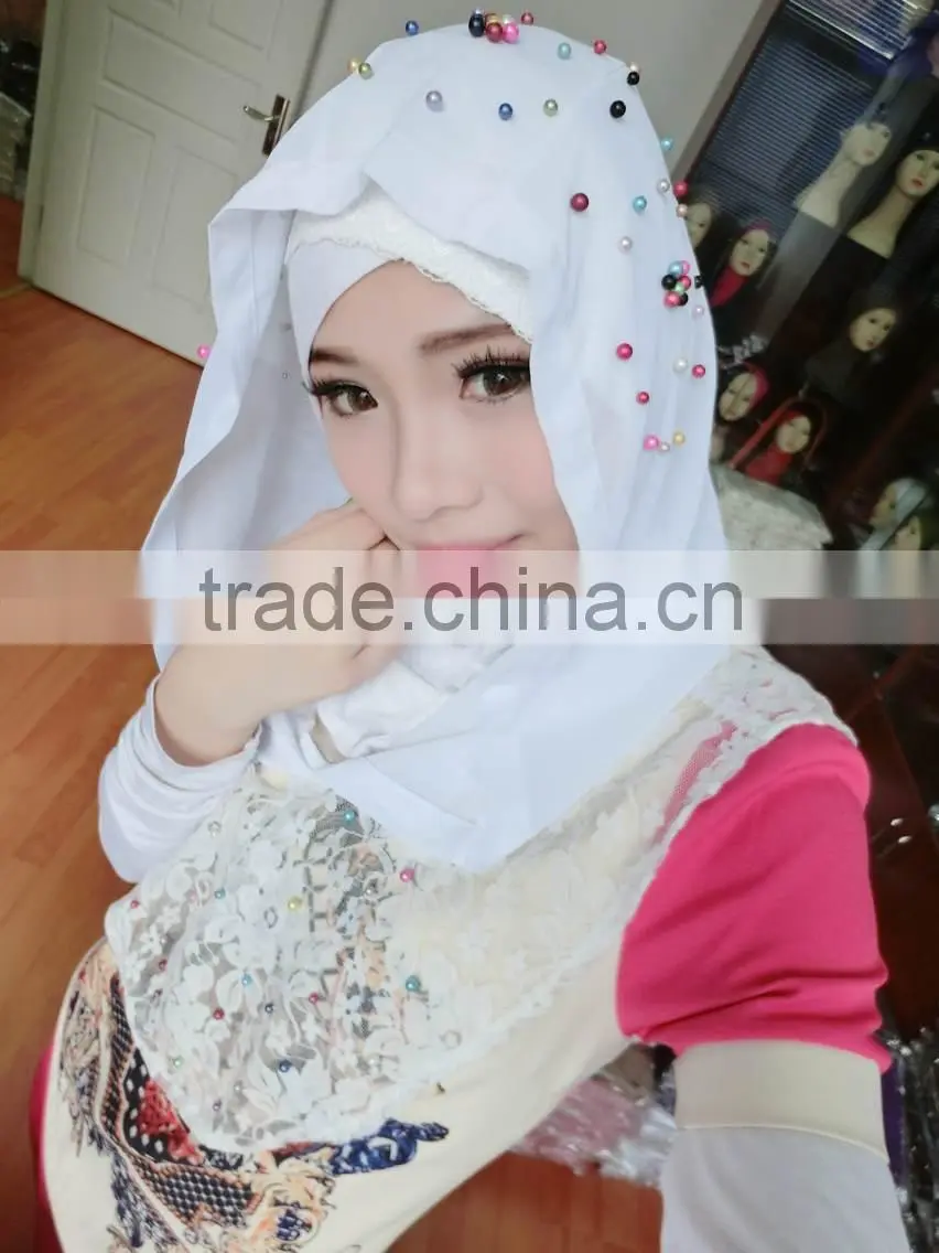 A390 Newest 2015 lace chiffon pearl islamic scarf hijab MUSLIM 2 PIECEs LONG HIJAB