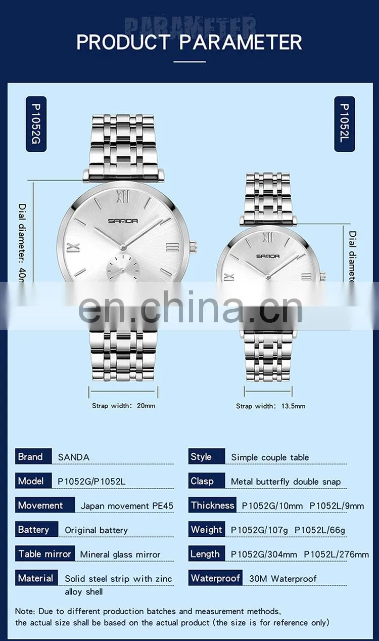 Sanda P1052 Luxury Quartz Wrist Watches for Men Women Stainless Steel Chrono Water Resistant Fashion Couple Watch