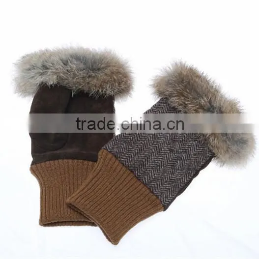 women's fashion fingless suede leather gloves with rabbit fur