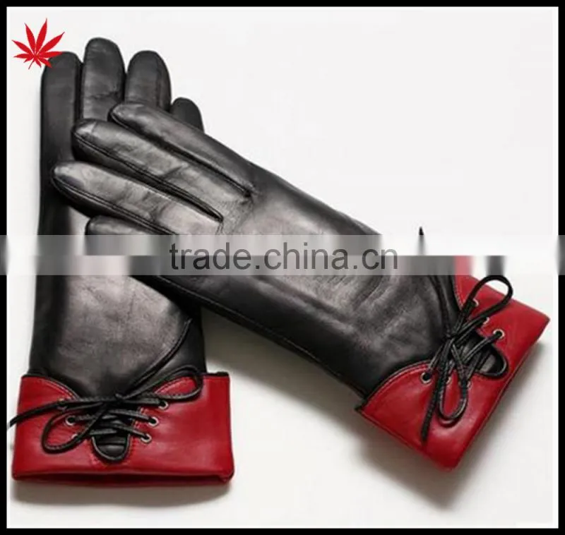 Ladies gift all palm touch screen black and red sheepskin leather gloves