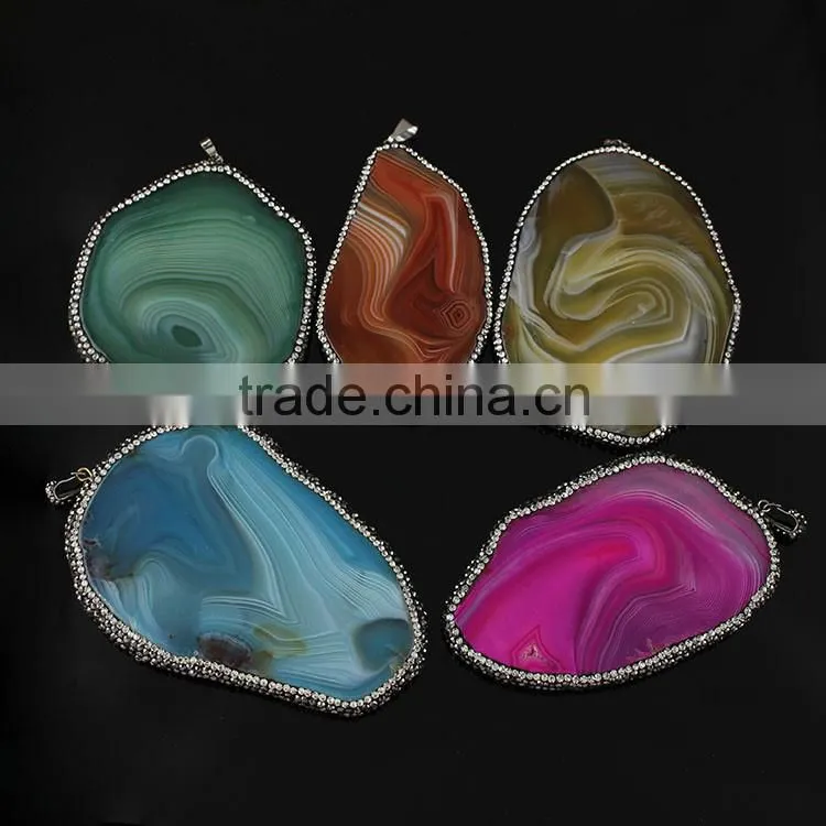 JF6901 Fashion beautiful crystal paved 2 double colours agate slice pendants
