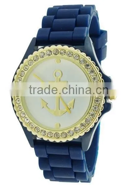 Vogue design gold anchor dial silicone watch, candy color 3D face jelly watch, girls boys hot fashion watch