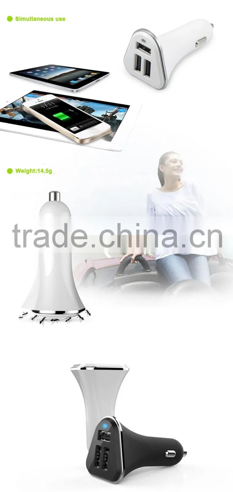 BSCI factory Hot sale mobile phone accessories triple 3 USB ports auto charger cellphone car charger