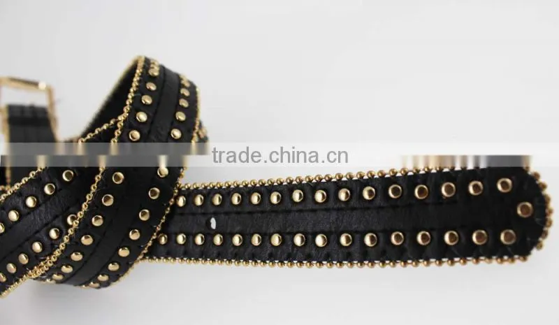 Women's Fashion Gold metal studded PU black leather jeans belt with double bean chian