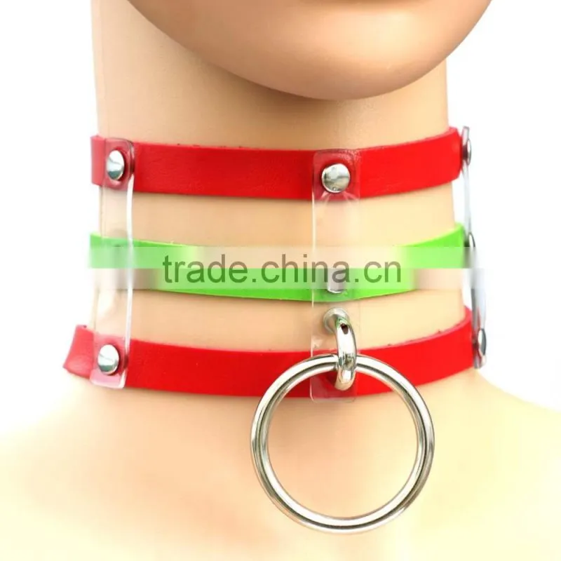 Punk Goth Rivets Choker Handmade Three Row Caged Necklace black Leather Big O Round Choker Collar Necklace Fashion jewelry