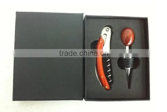 banboo handle multifunction corkscrew and wine stopper black paper box gift set