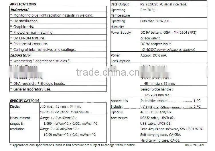 NEW &retail ,2mW/cm2,20mW/cm2, band pass290-390nm, UVA / UVB UV light meter YK-35UV WITH