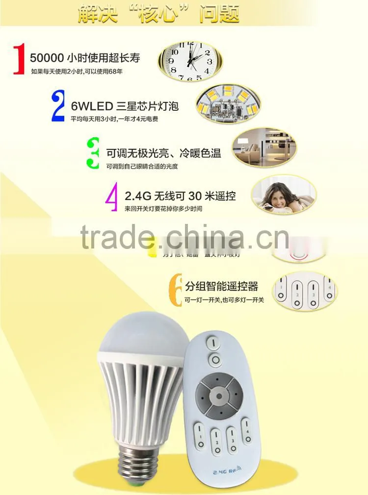 Good quality 2.4G Wireless E27 6W led lighting Bulb Lamp light with Remote controller