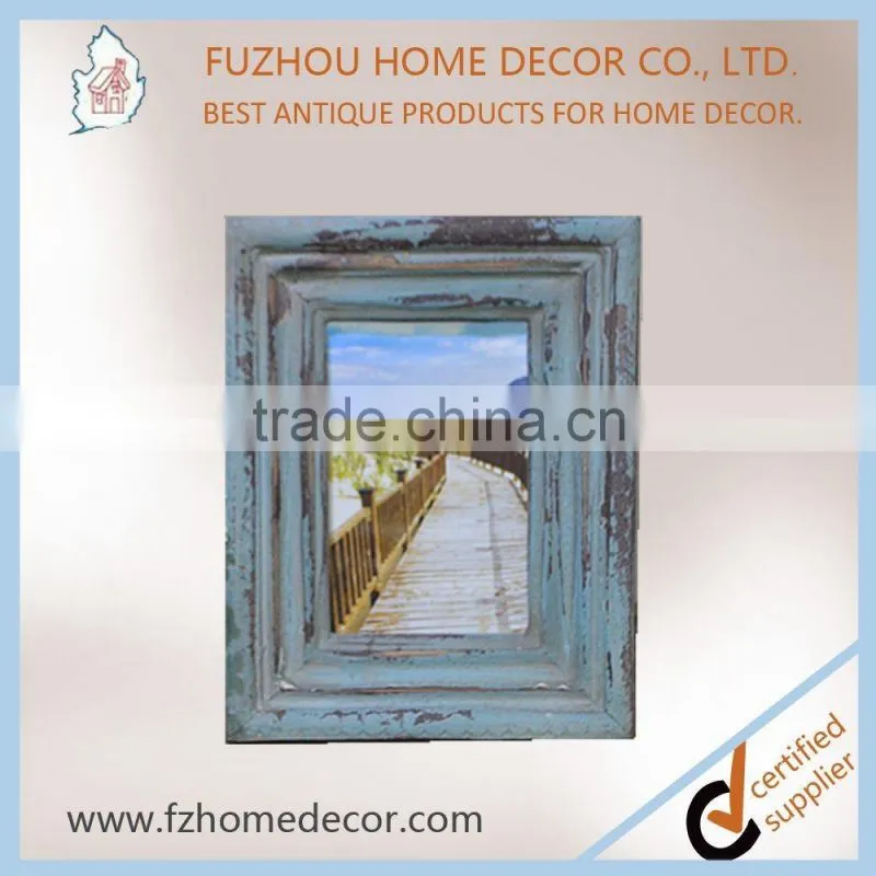 Promotional shabby chic wood printing photo frame with blue colour for home decoration