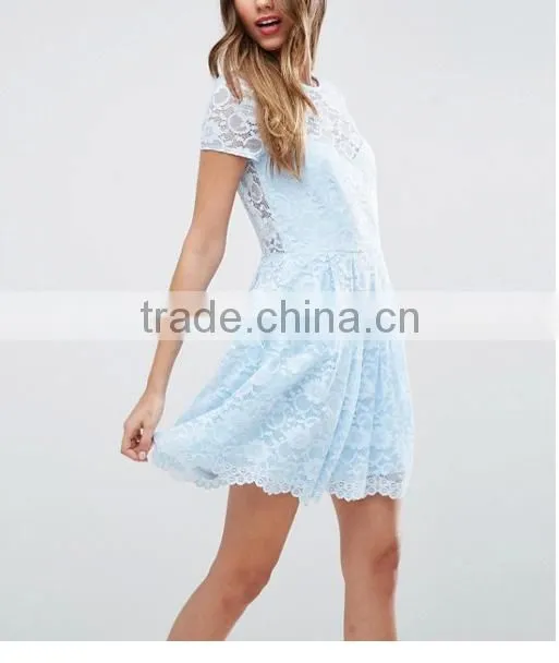 Guangzhou clothing OEM Blue Pleated Skirt Lace Mini T-Shirt Dress