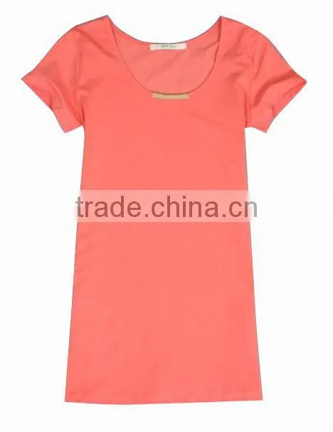mental decorated scoop neck lady fashion pink rib trim at neck,cuff and hem lady shirt in bamboo fiber