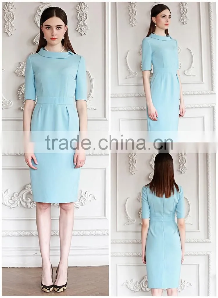 Ladies Slim Fit Light Blue Short Sleeve Elegent Dress