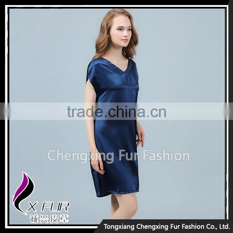 CXVLYQO1 Luxury Women's Pure Silk Skirt Night SNavy Blue Short Sleeve V-neck Pajamas