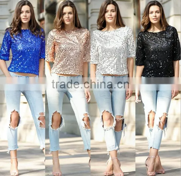 European style 2017 spring women's fashion women's Sequin Blingbling t-shirt brand
