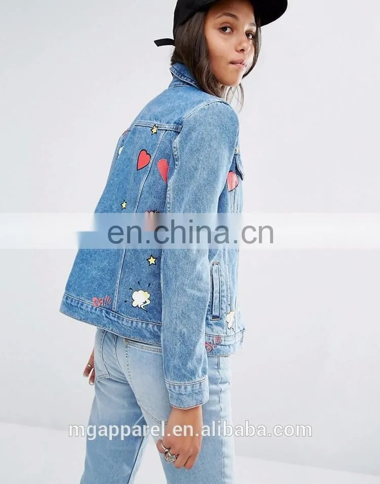 New design 100% Cotton jeans jacket women Badge Detail jean jacket wholesale