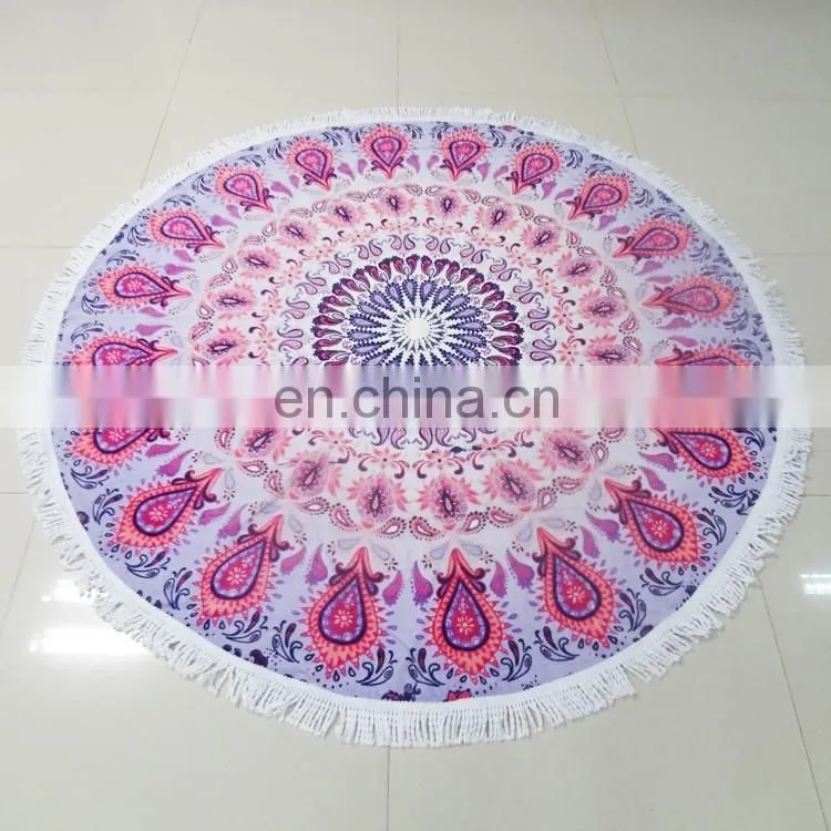 Printed velour %100 cotton round beach towel with polyester fringes