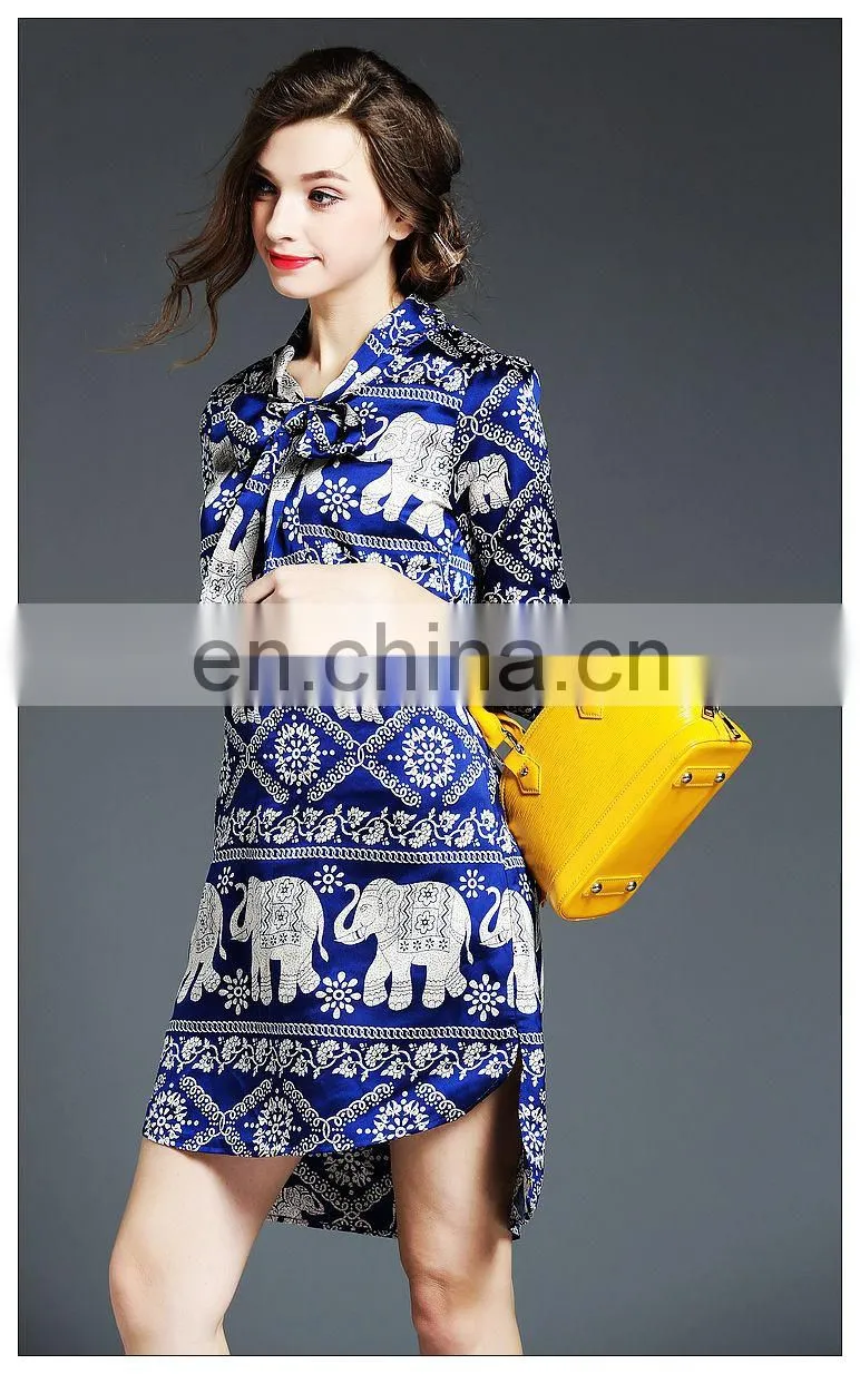 High quality ladies front short and back long tunic dress, print taffeta petite dress