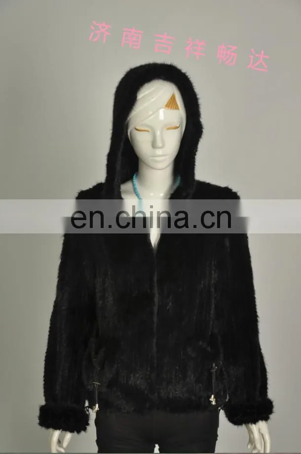 Knitted mink fur coat with hood North American Canada style Bomber jacket