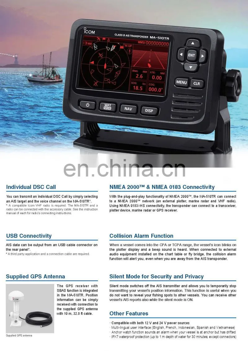 Marine electronics maritime navigation communication ICOM MA-510TR automatic identification system class B ship AIS transponder