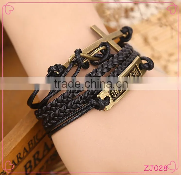 2015 china handmake antique vintage gold cross best friend infinity charm braided leather bracelet