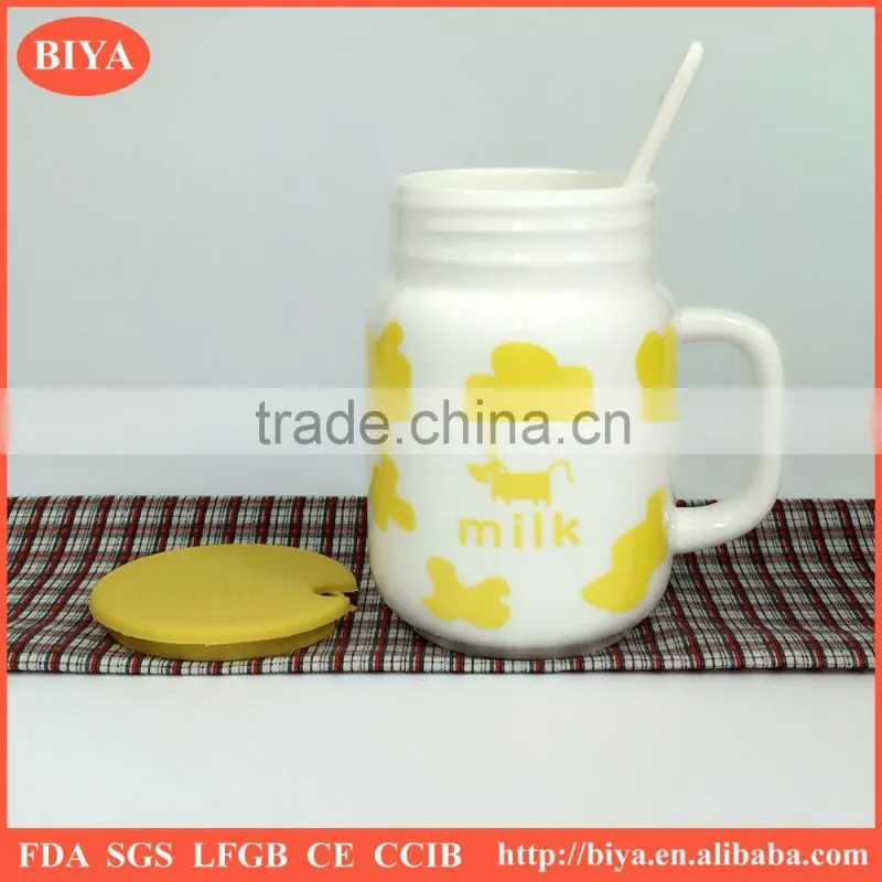 milk mug for kid breakfast mug with silicone lid and ceramic spoon for wholesale with logo decal print and handle