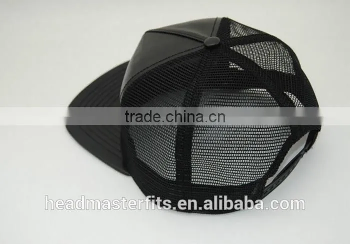 high quality black trucker cap/pu blank plain mesh cap