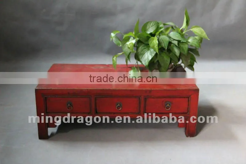 Chinese antique furniture pine wood Shanxi red three drawer small coffee table