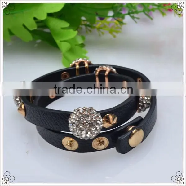 Black Slide Charms Pu Leather Bracelet With Crystal