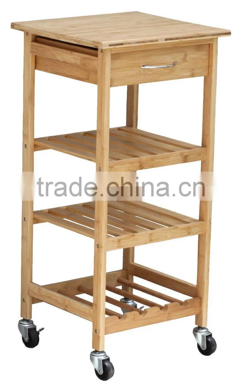 High Quality Bamboo Wheeled Kitchen Trolley with basket Kitchen Storage Cart Kitchen Storage Rack with Drawer