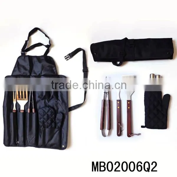 Professional-wooden handle Grade Stainless-Steel 7-Piece BBQ Apron and Utensil Set