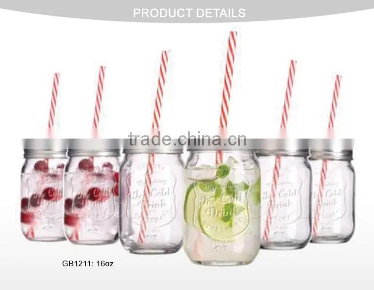 12oz 14oz 16oz 20oz 24oz Mason Jar Drinking Glass With Tin Lid Straw