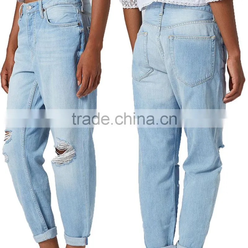 Blue distressed holes denim pants with straight leg girls sex leg jean pant dubai girl photo