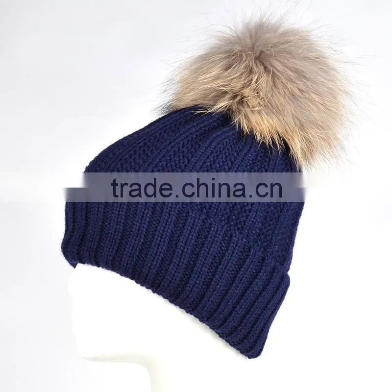 Winter Women Raccoon Fur Pom Pom Bobble Knit Braided Hat