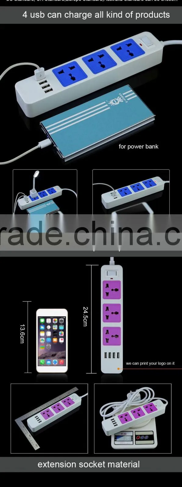 4 usb 3-pin plug retractable extension pvc multiple power socket with switch