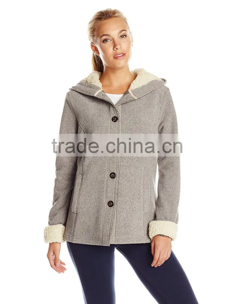Women Casual Coat Winter Oversized Buttons Wooly Sherpa Feece Lining Women Hooded Mature Coat