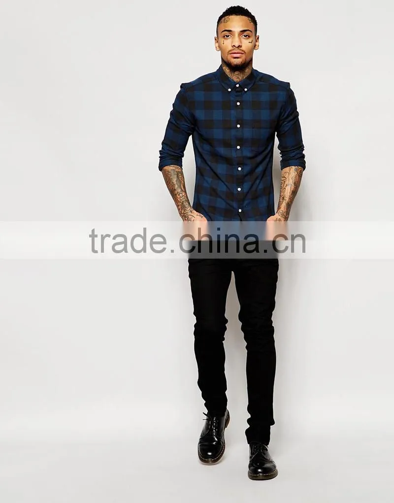 Man Skinny Shirt in Navy Buffalo Check with Long Sleeves