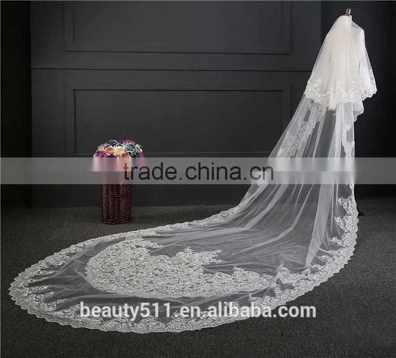 2017 wholesale new grance long lace bridal wedding veil long Tulle emboried lace bridal wedding veils HL12