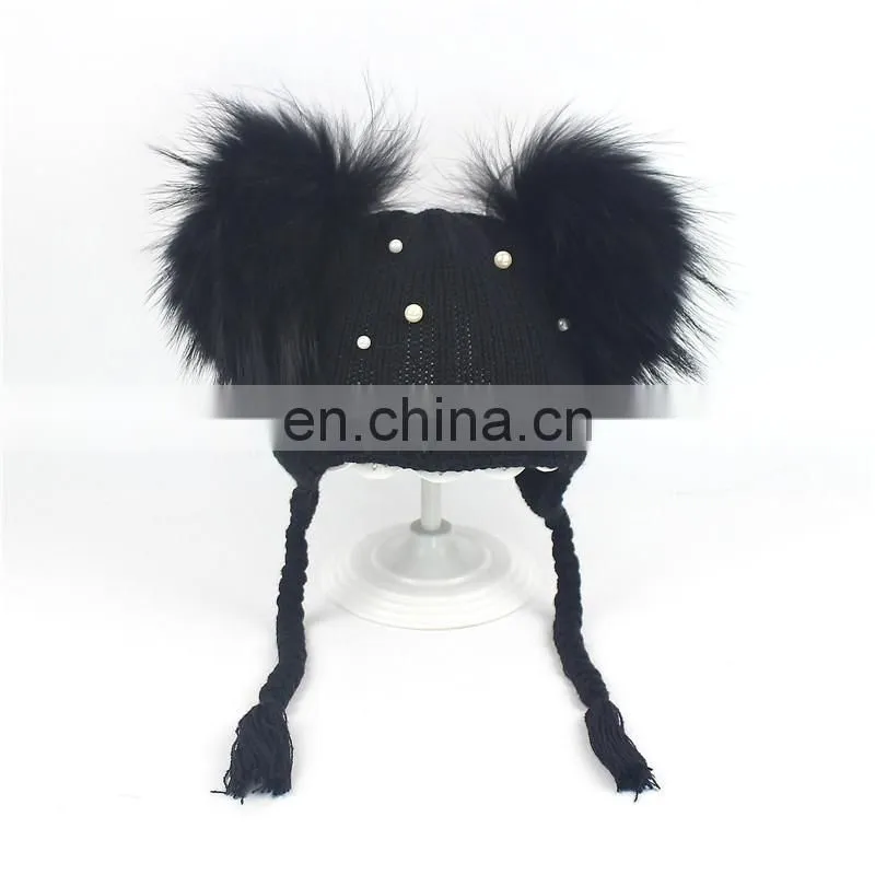Wholesale Double Raccoon Fur Poms Cap Kids Hat With Fur Pom Pom