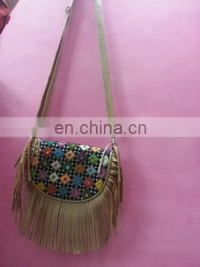 VINTAGE BANJARA EMBROIDERY SUEDE ETHNIC PATCHWORK HANDMADE MIRROR TRIBAL BAG