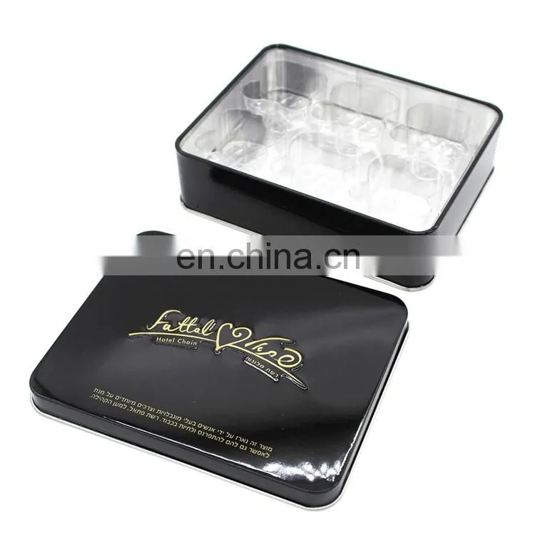Black colored high glossy varnished chocolate packaging tin box wholesale with PET tray